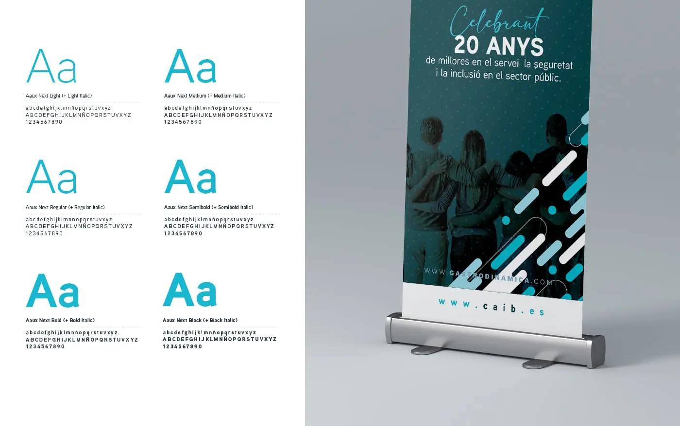 Aaux Next type specimen next to a 20th-anniversary commemorative roll-up