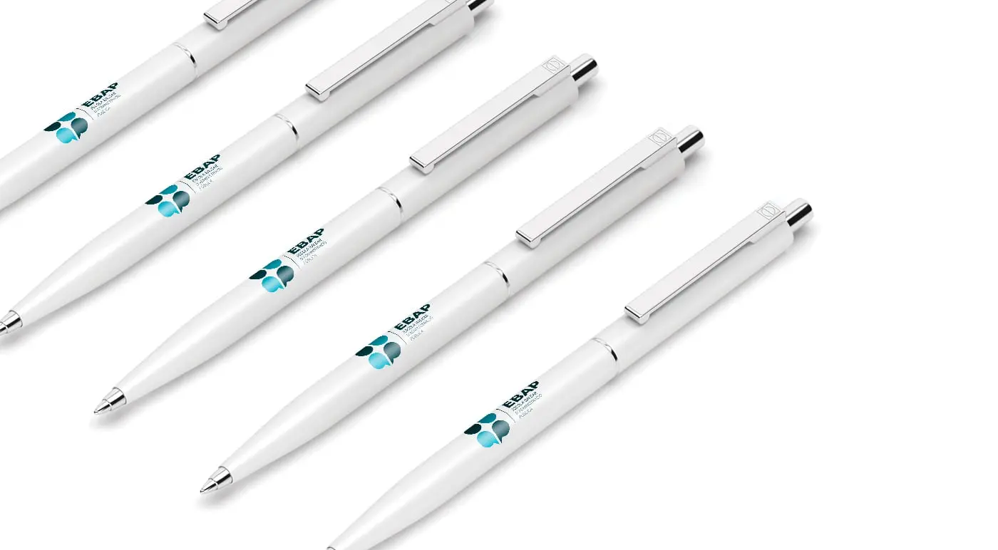 White pens with the EBAP logo printed in turquoise and dark blue