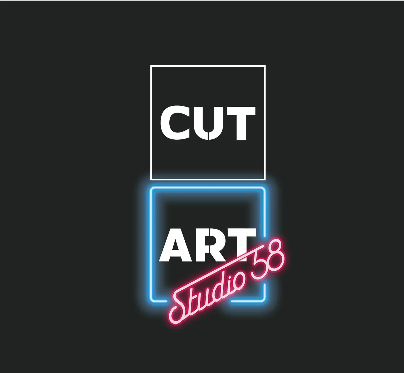 Logotipo de CUT ART Studio 58 con efecto neón sobre fondo gris oscuro