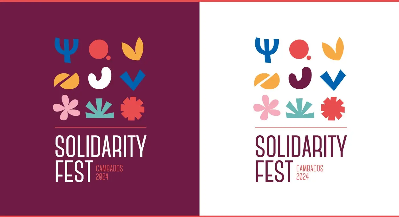 Logotipo en versión positiva y negativa sobre fondo granate y blanco