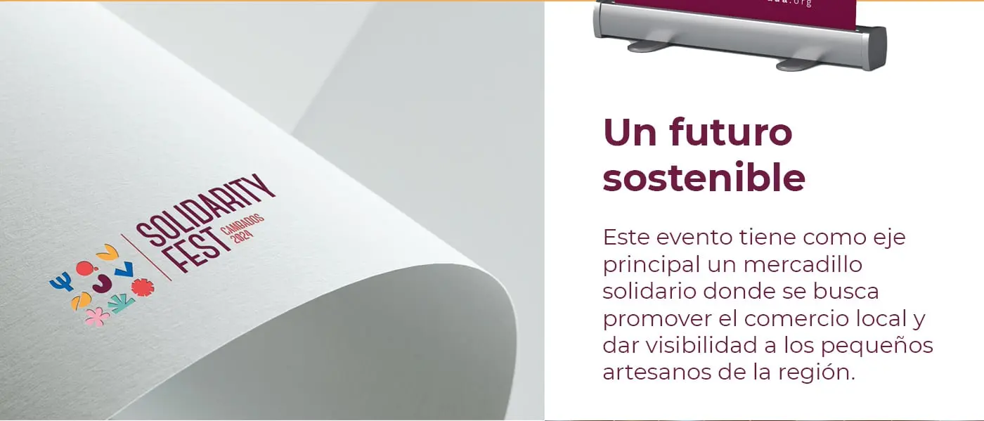 Roll-up con el logotipo sobre papel junto al texto Un futuro sostenible