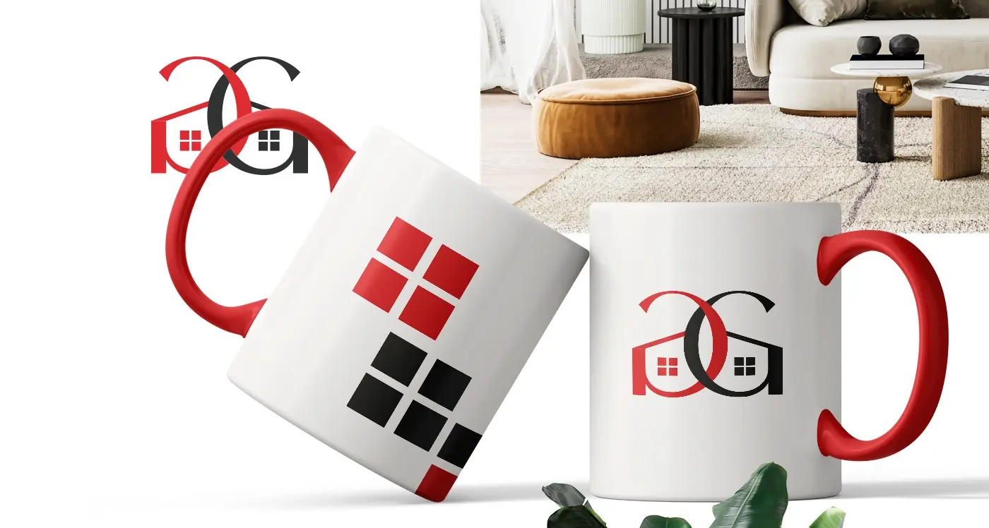 White mugs with the logo and a geometric pattern in a living room
