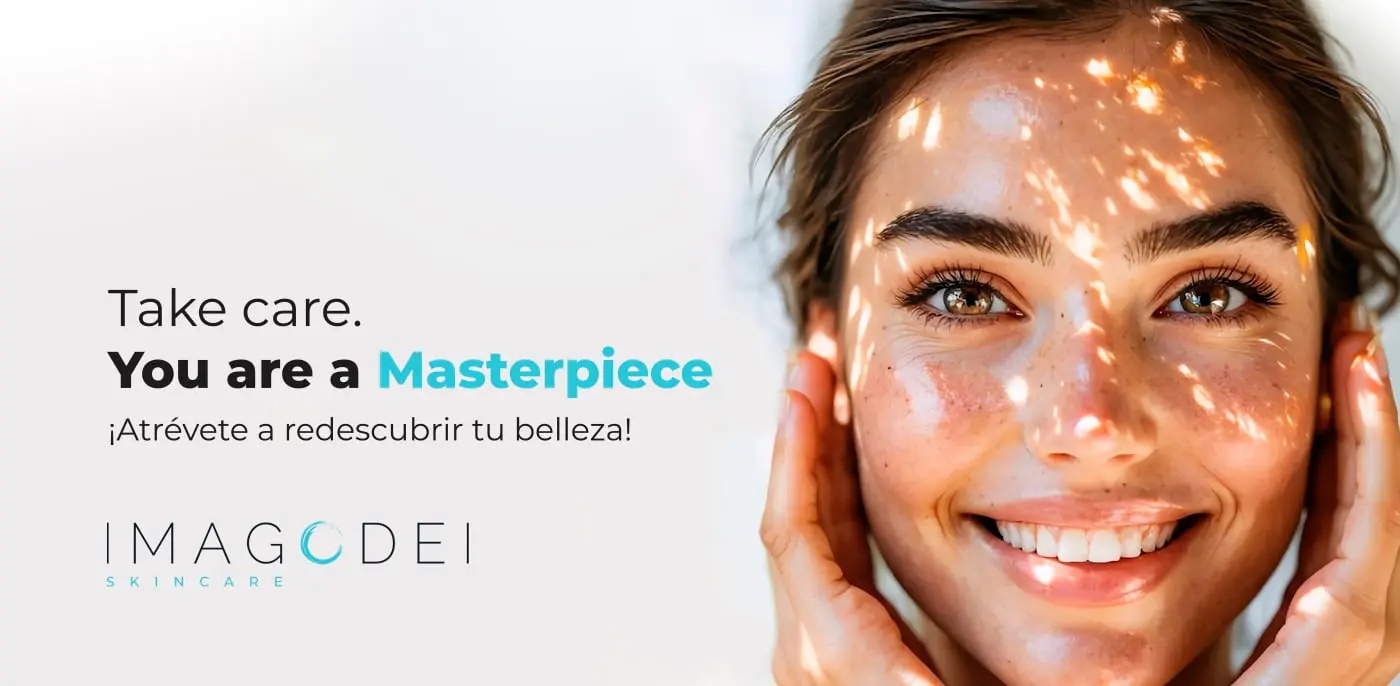 Banner con rostro femenino y el eslogan Take Care, You are a Masterpiece