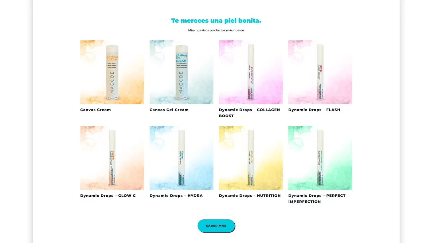 Cuadrícula de productos en la página web de la tienda