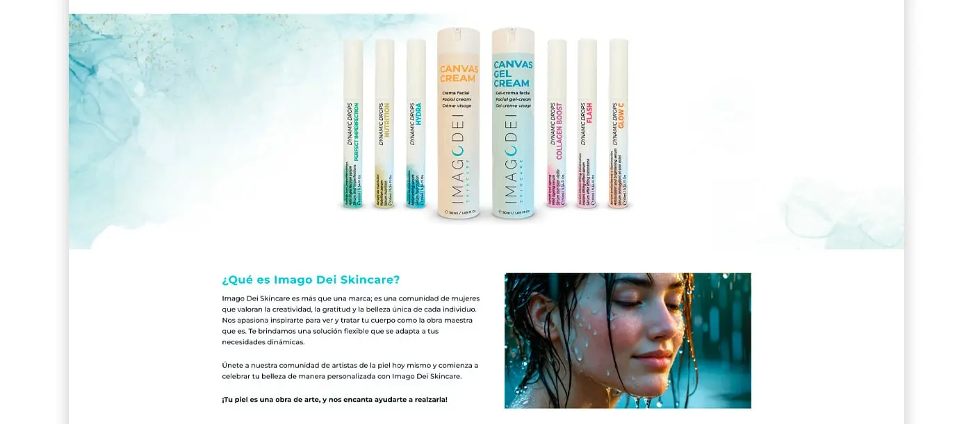 Página web con la gama de productos y una mujer bajo la ducha