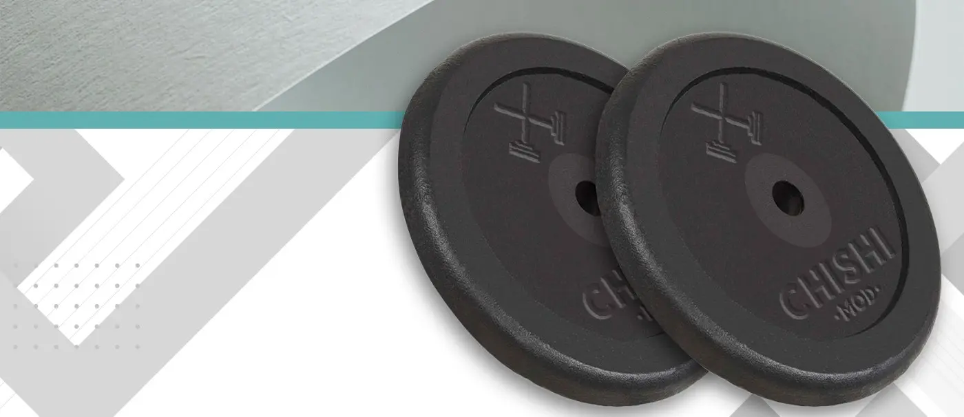 Mockup of two black Chishi Mod weight discs with the isotype embossed