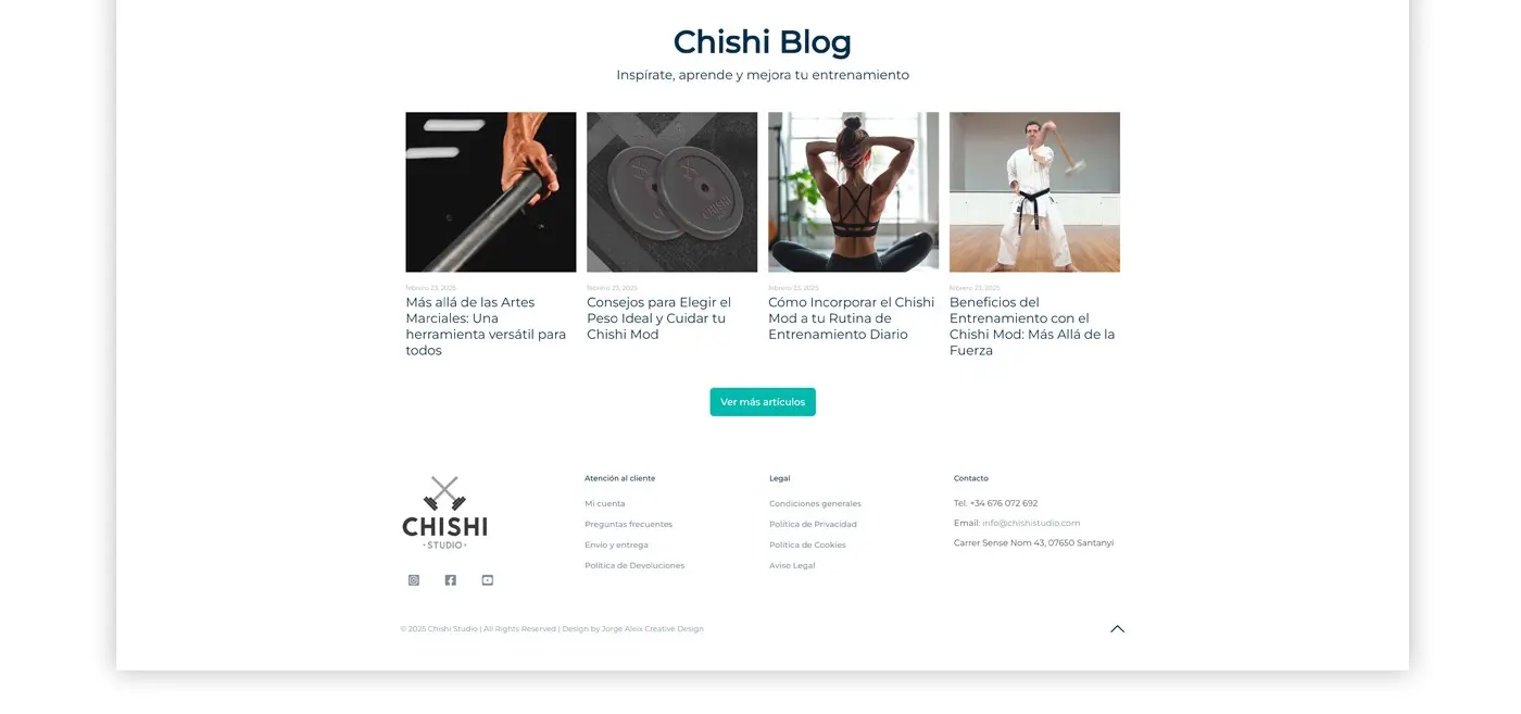 Grid of Chishi Studio blog posts and footer with contact details