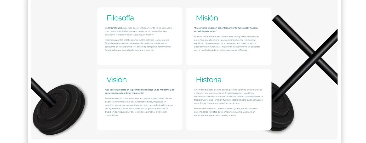 Blocks on the brand's philosophy, mission, vision and history on light and dark backgrounds