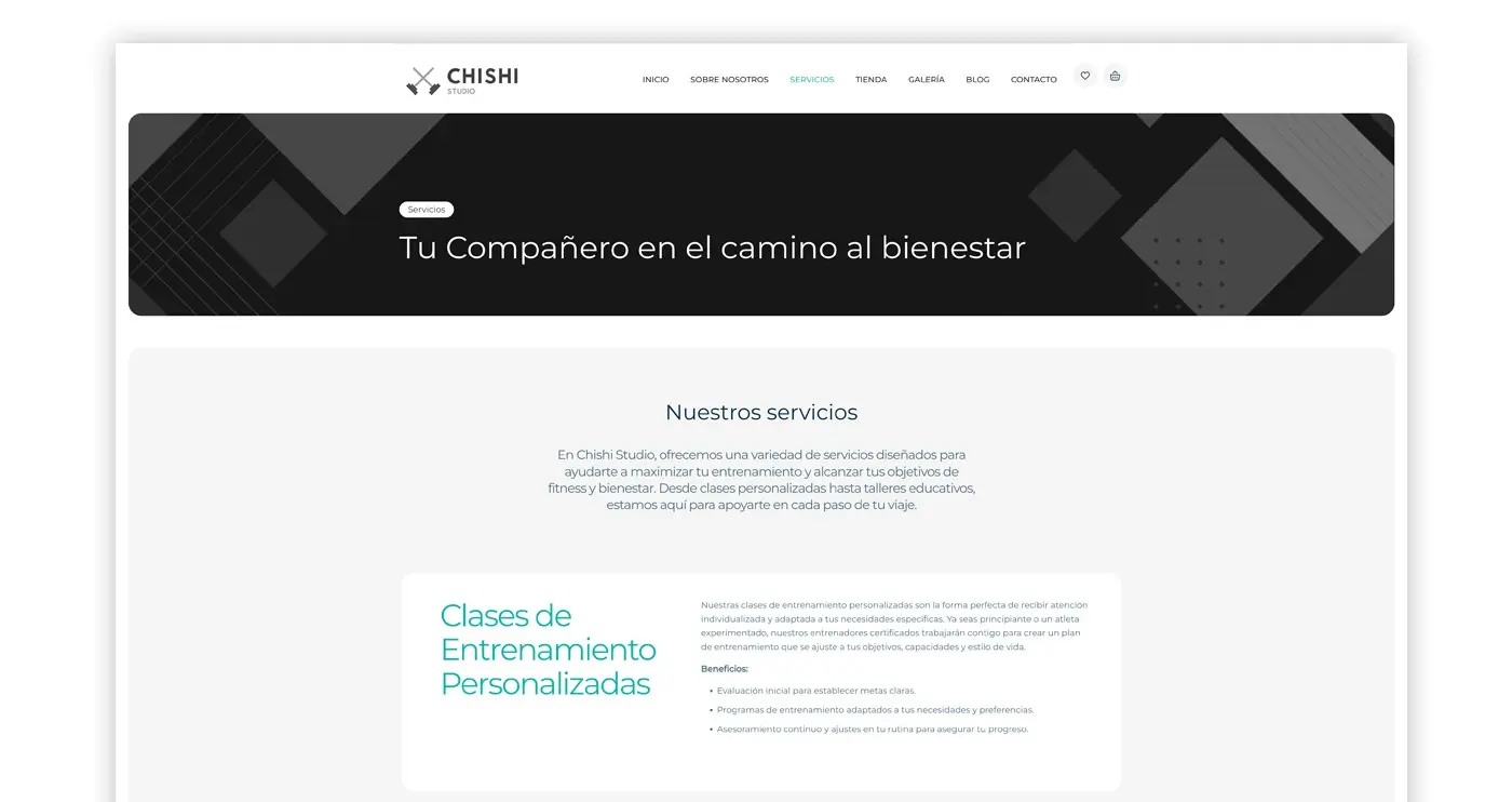 Full view of the services page with header, list and first class card