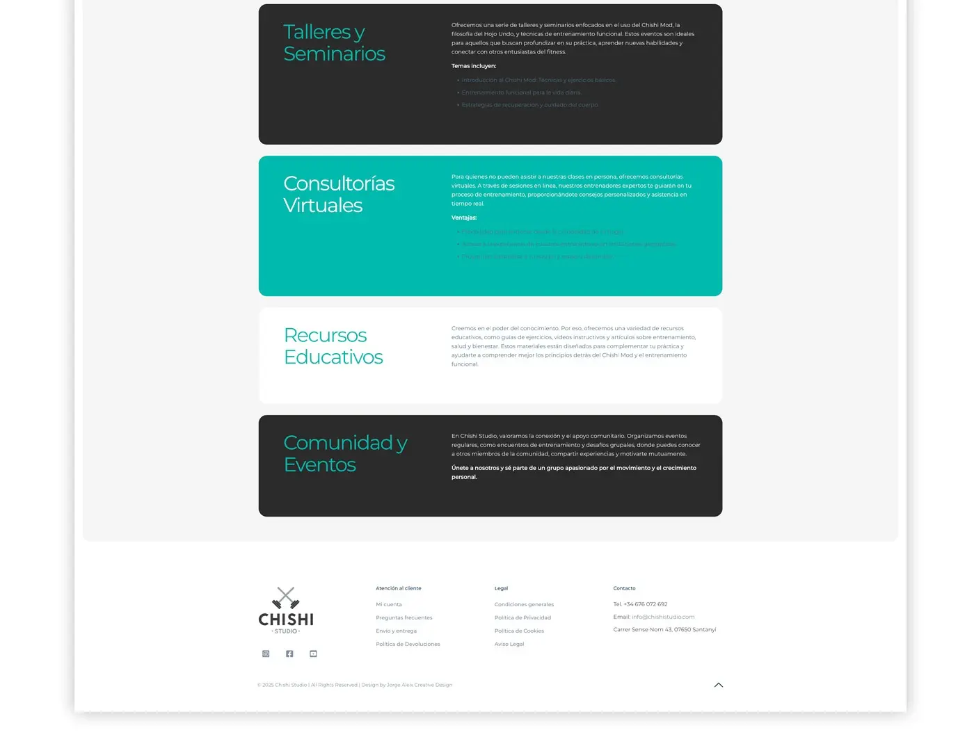 Full view of the services page with the four service cards and the footer