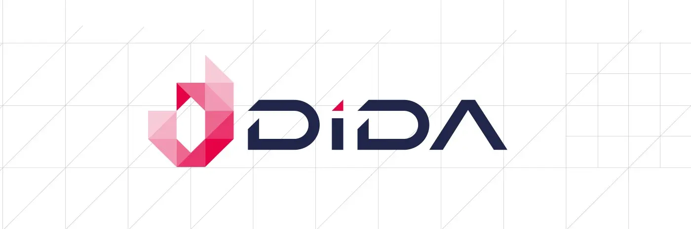 Geometric Dida Travel symbol in pink and maroon on a white background