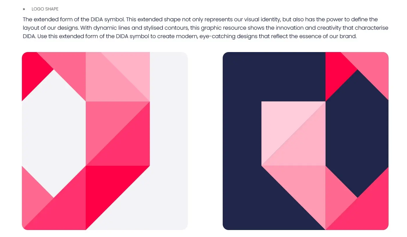 Extended form of the Dida Travel symbol in pink on light and dark backgrounds
