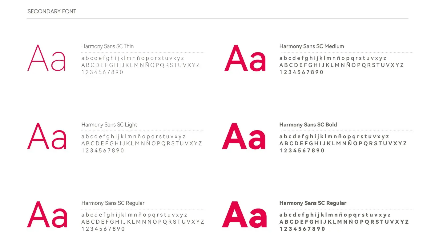 Sample of the secondary typeface Harmony Sans SC in different weights