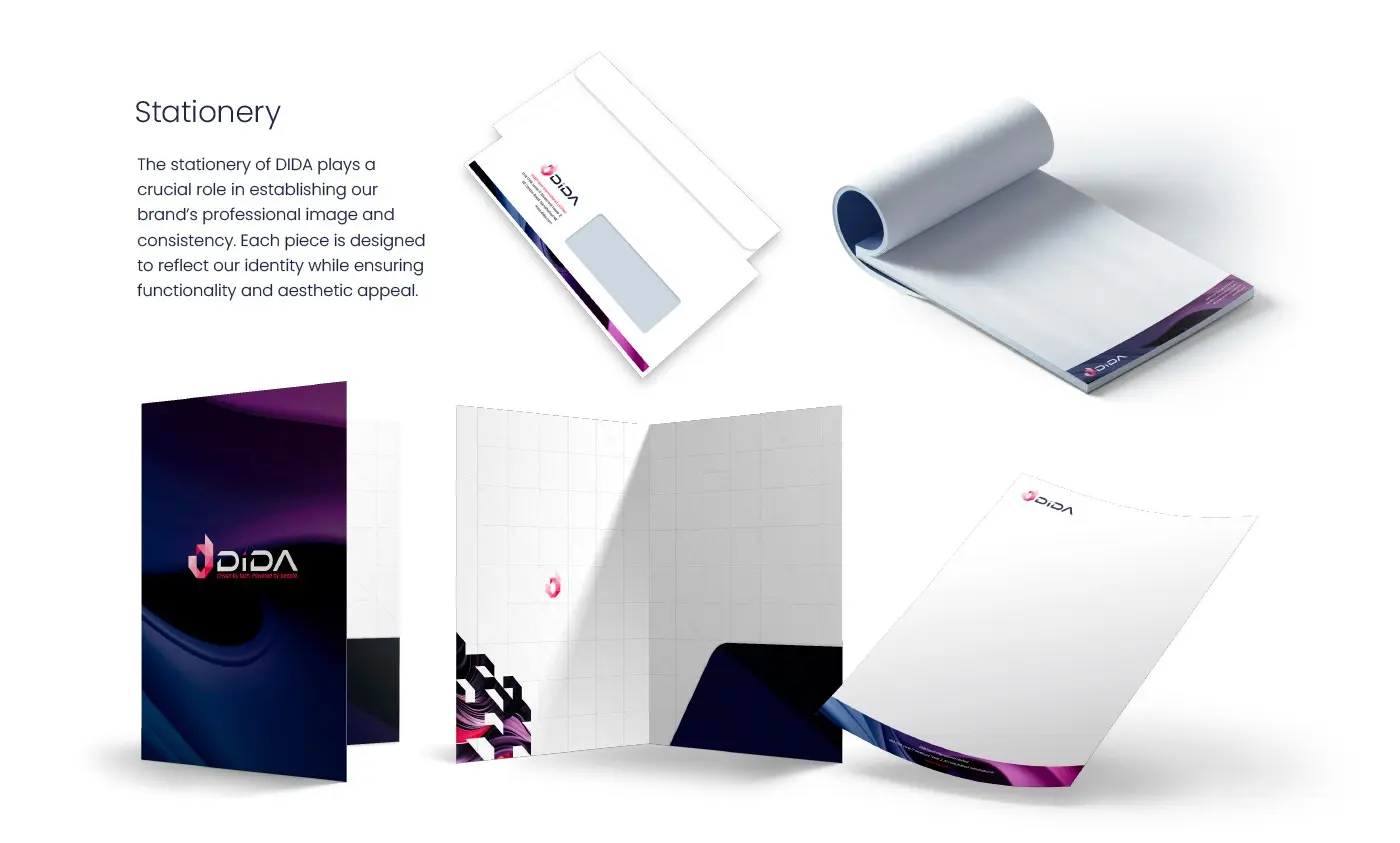 Mockup of corporate stationery: envelope, notepad, folder and letterhead