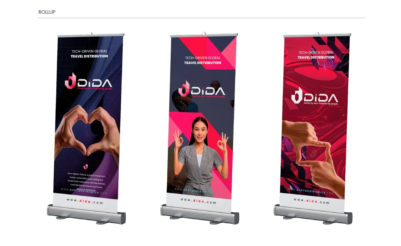 Mockup of trade-fair roll-ups with photos of hands and gestures