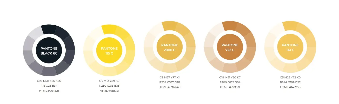 Colour wheel with the five corporate colours: black, yellow and the earthy tones of the potatoes
