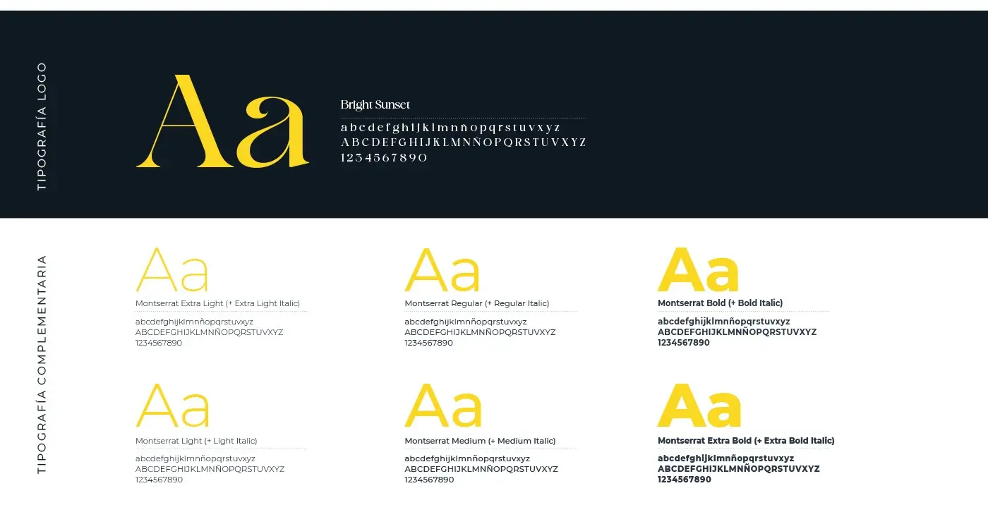 Typographic sample with the Bright Sunset script font used in the logo and the supporting Montserrat family