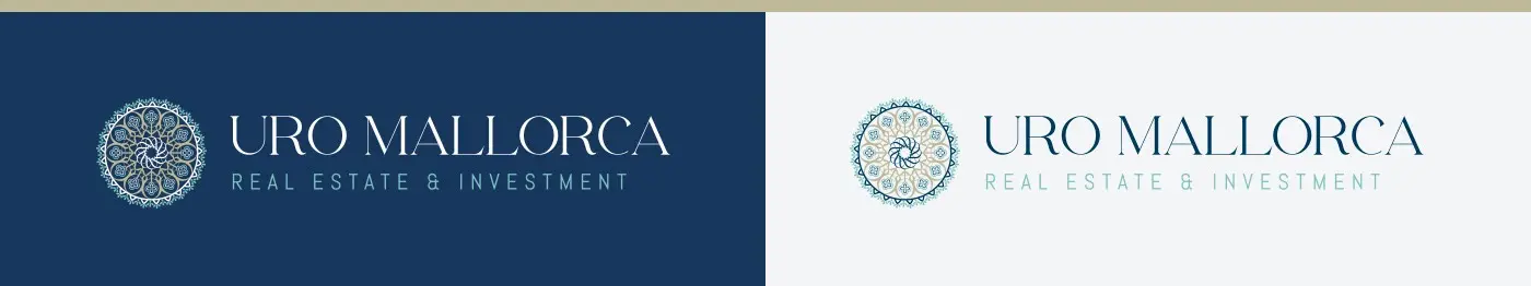 Uro Mallorca logotype with the golden and blue rose window on a marine and white background
