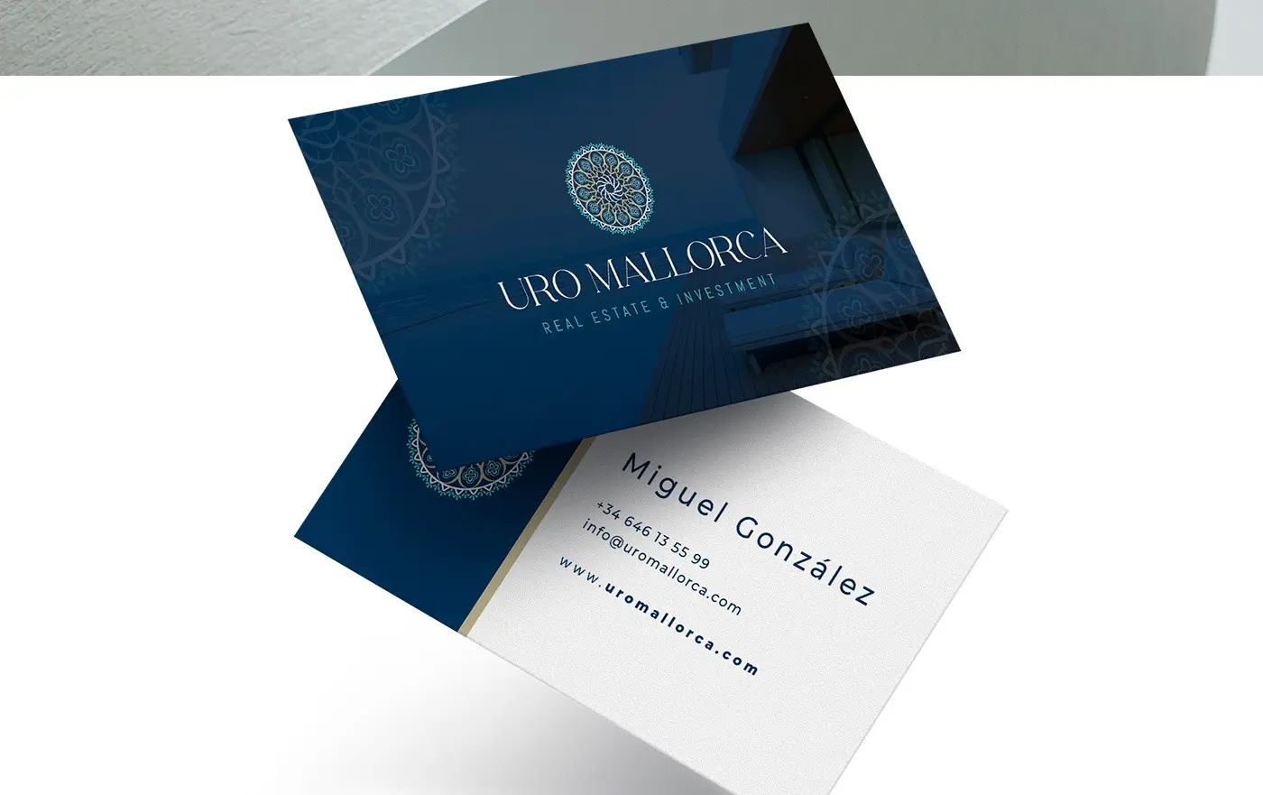 Navy blue business cards with the logotype over an architectural photograph