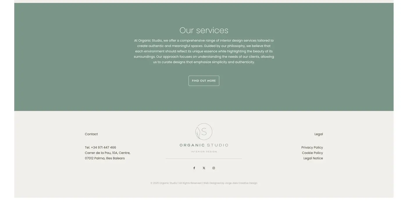Sección de servicios de la web con fondo verde salvia y pie de página