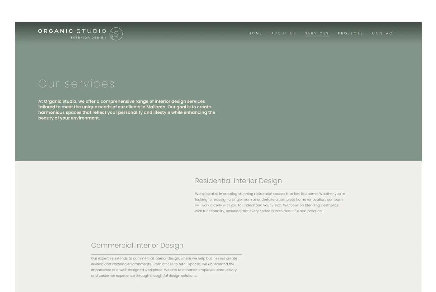 Cabecera de la página de servicios de Organic Studio
