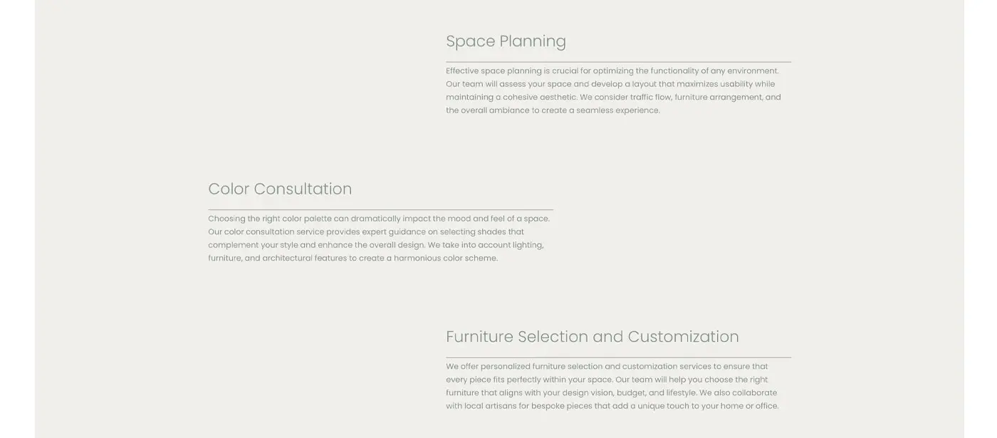 Detalle de los servicios: planificación de espacios, color y mobiliario