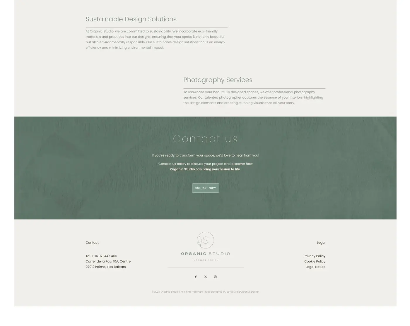 Servicios de diseño sostenible, fotografía y banner de contacto