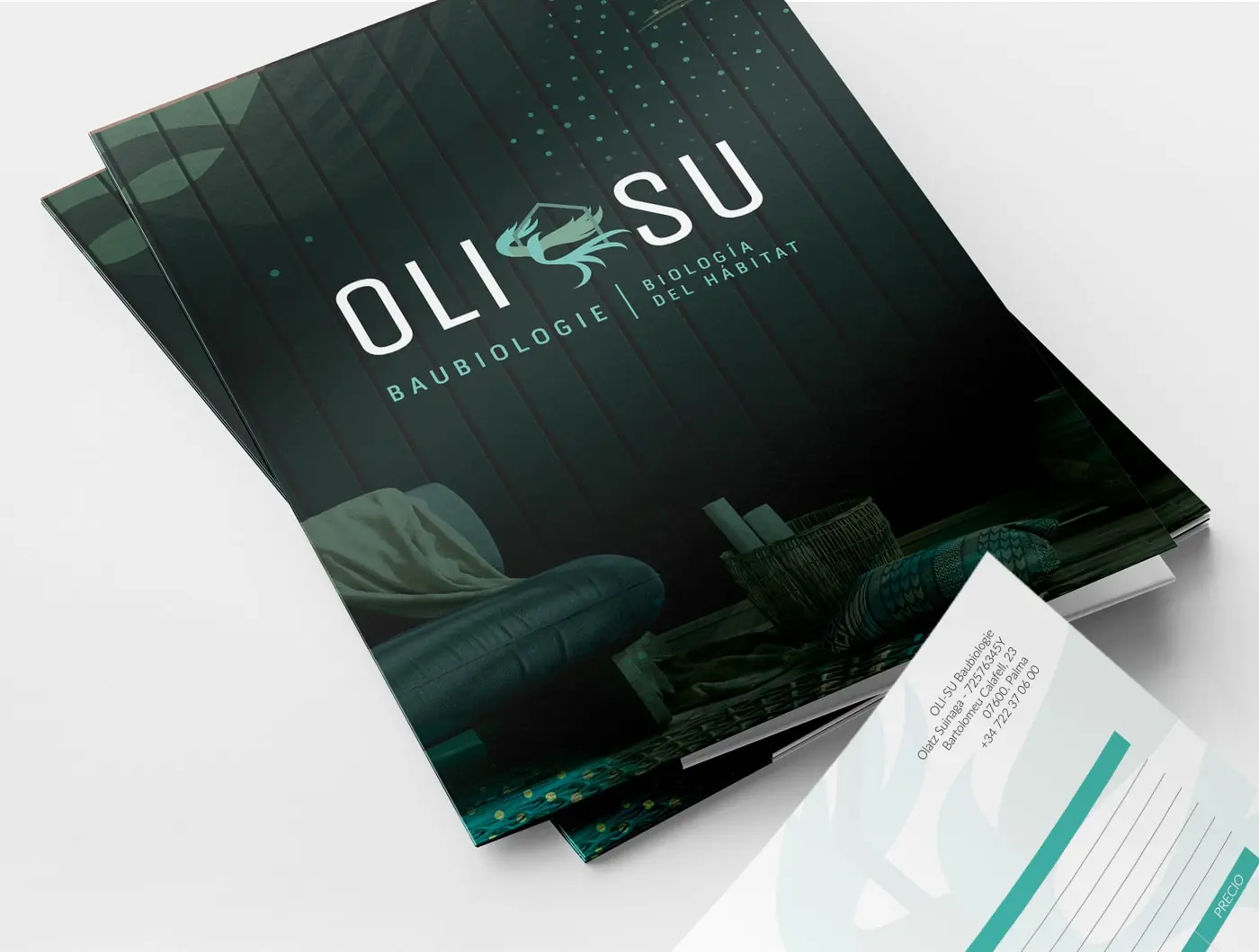 Portadas de dossiers corporativos con el logotipo sobre fondo verde oscuro