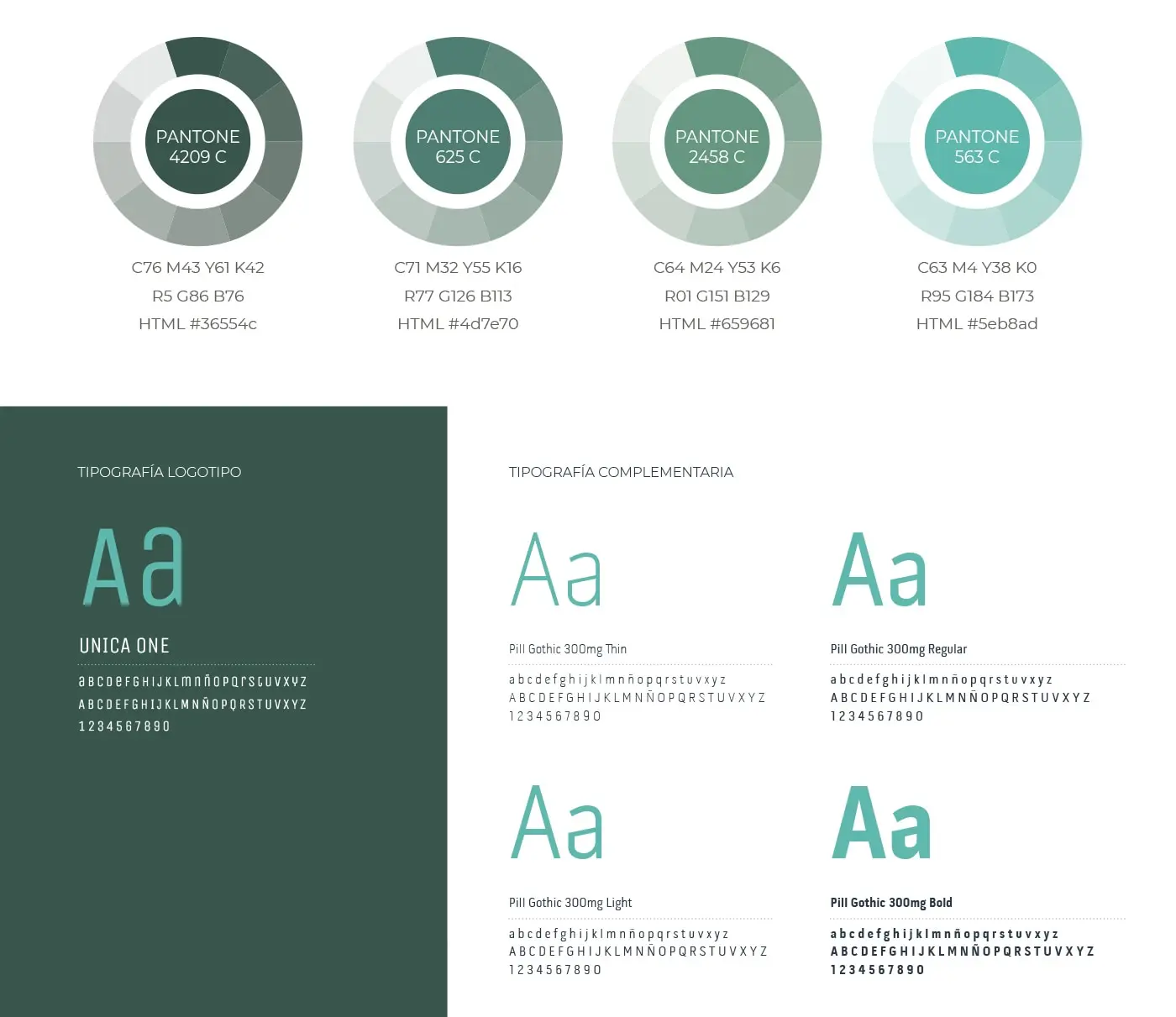 Paleta cromática Pantone en tonos verdes y tipografías del manual de marca