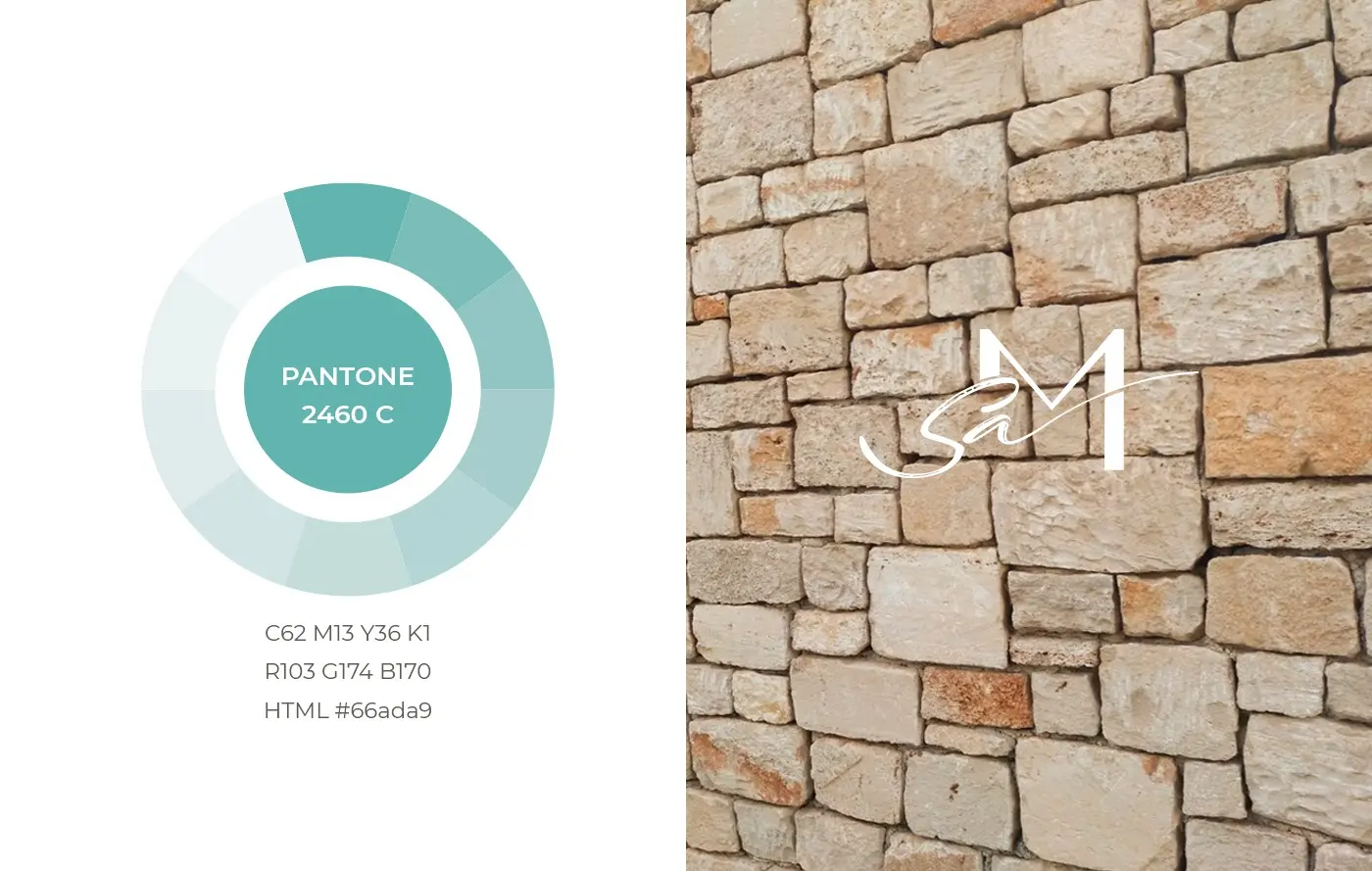 Paleta Pantone del proyecto y aplicación del logo sobre un muro de piedra