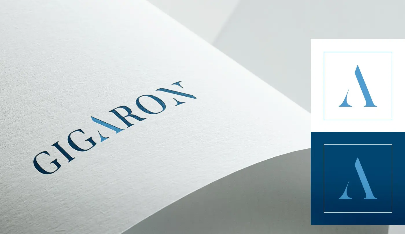 GIGARON logo embossed on paper and blue applications of the symbol