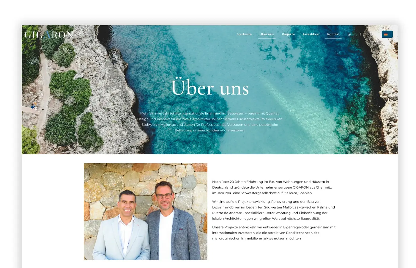 Über uns page with an aerial view of a cove and a photo of the GIGARON partners