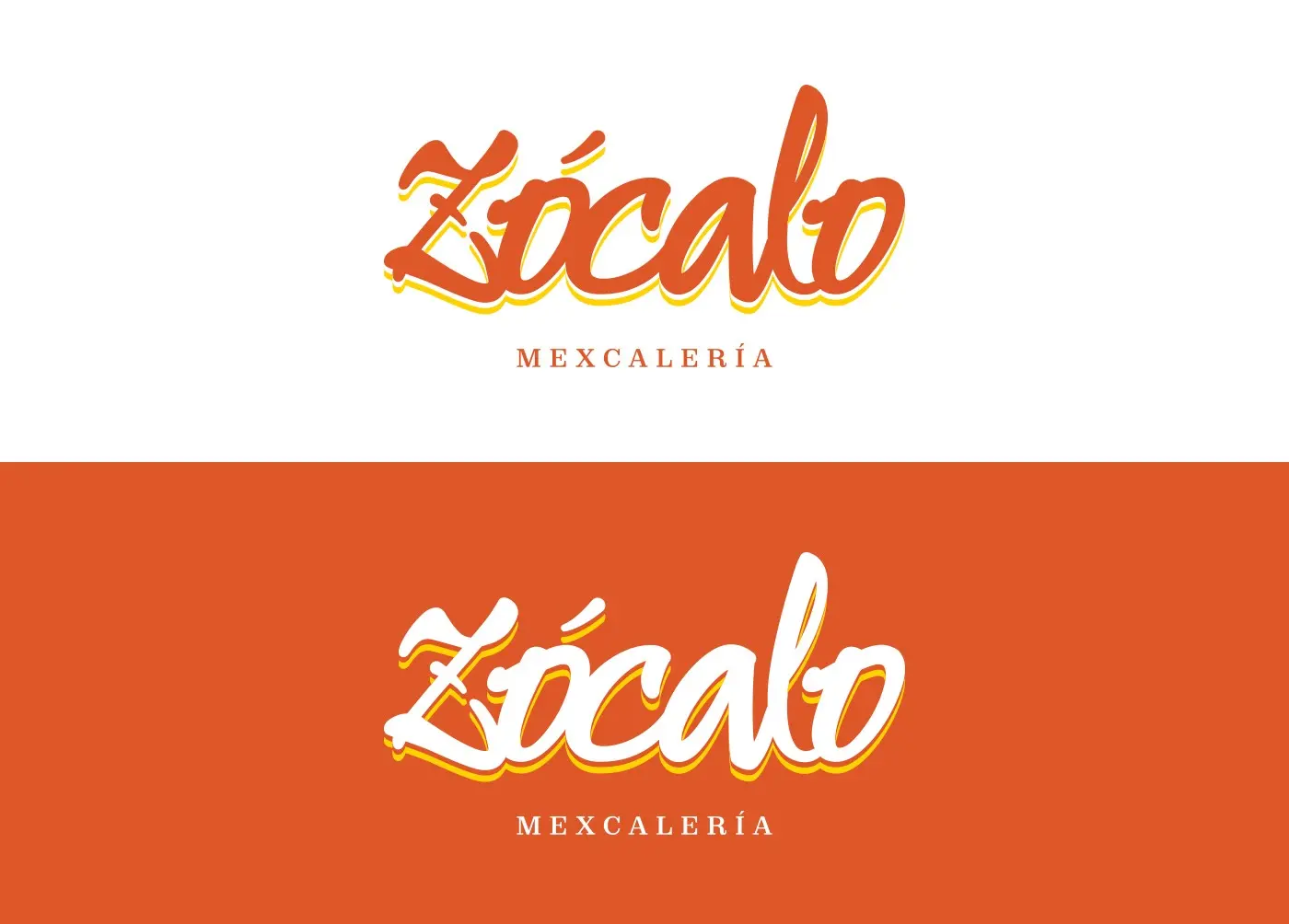 Logotip manuscrit de Zócalo Mexcalería en taronja sobre blanc i en blanc sobre taronja