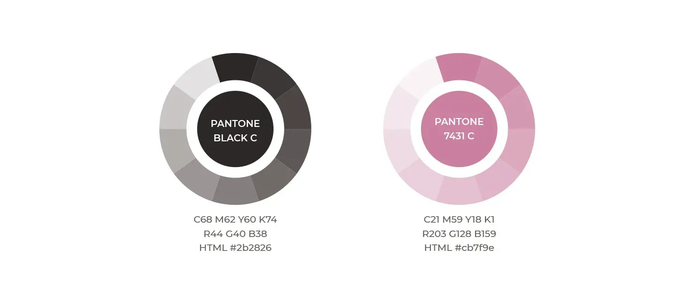 Paleta de color Pantone en negro y rosa malva de la identidad de Kiara