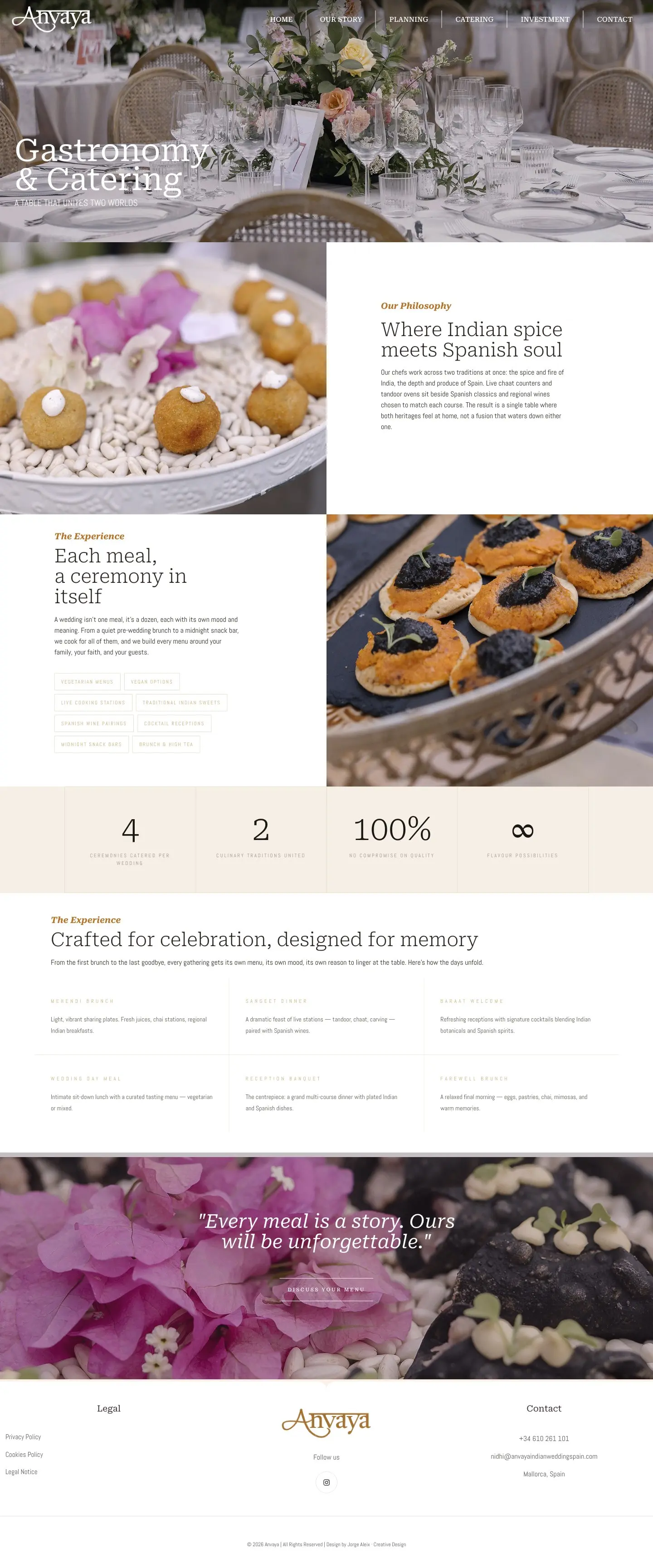 Anvaya's food and catering page with a set table and Indian sweets