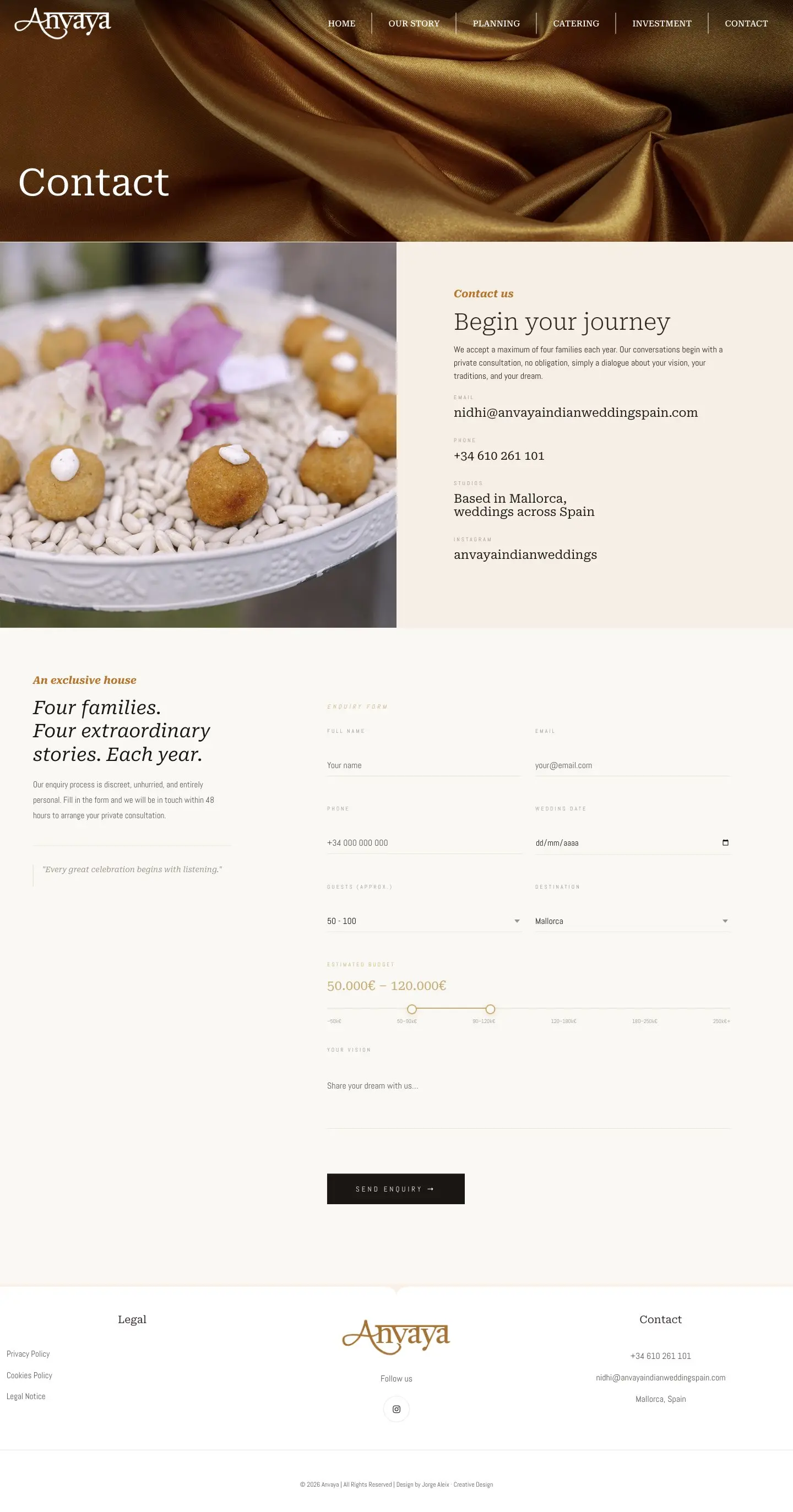 Anvaya's contact page with a golden silk background and enquiry form
