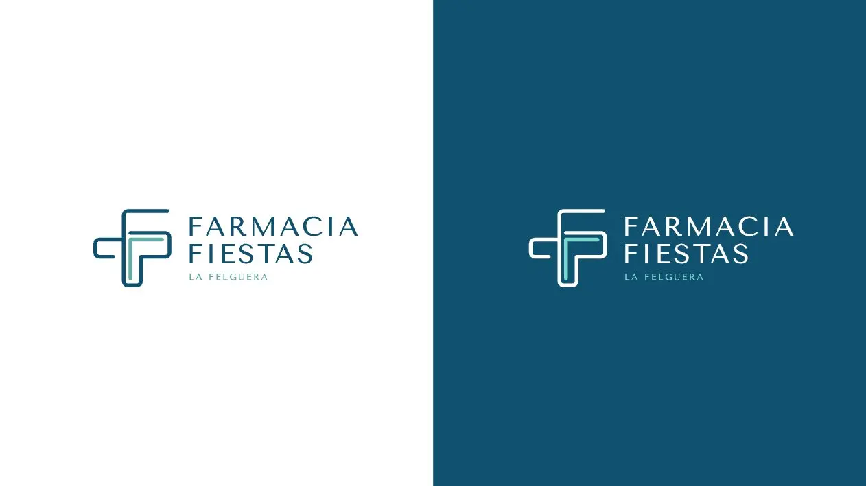 Horizontal Farmacia Fiestas logo on a white and petrol blue background