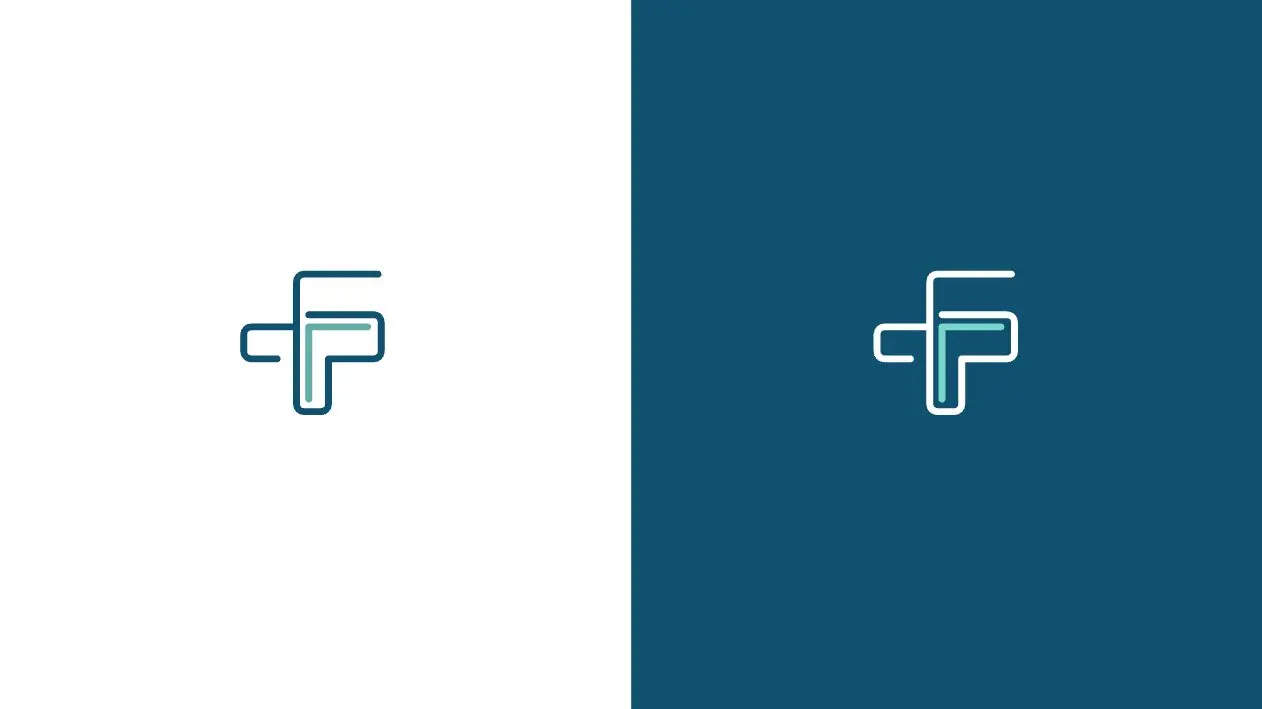 Icon with the pharmaceutical cross and the F monogram on a white and blue background