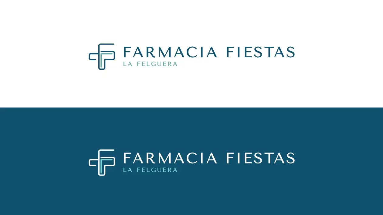 Enlarged horizontal version of the Farmacia Fiestas logo in positive and negative