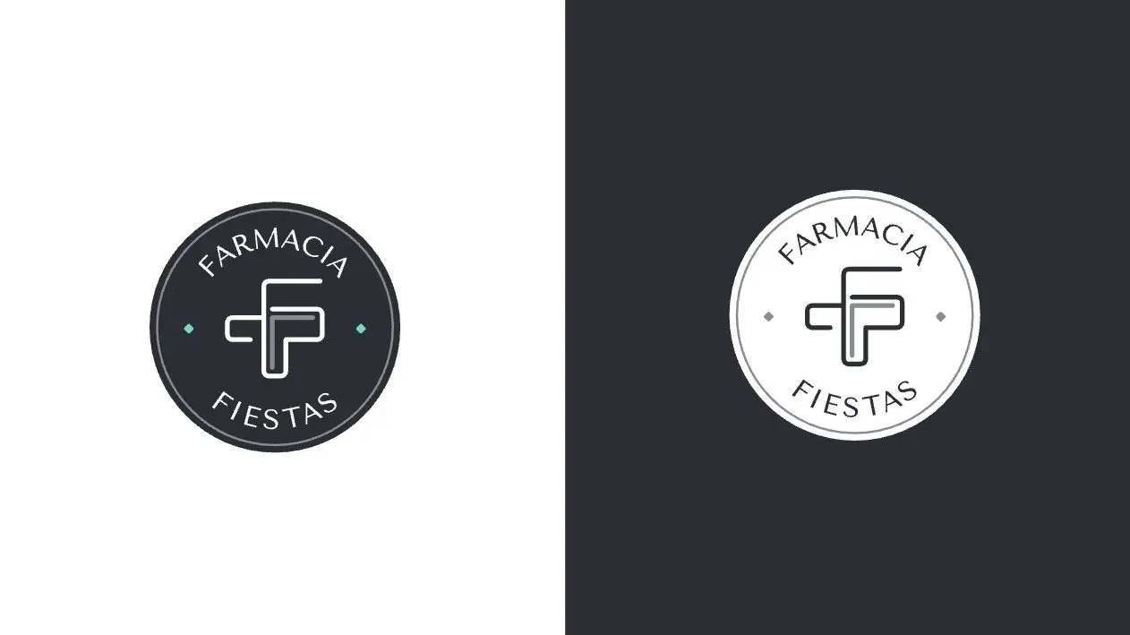 Circular seal of the Farmacia Fiestas logo in dark and light versions