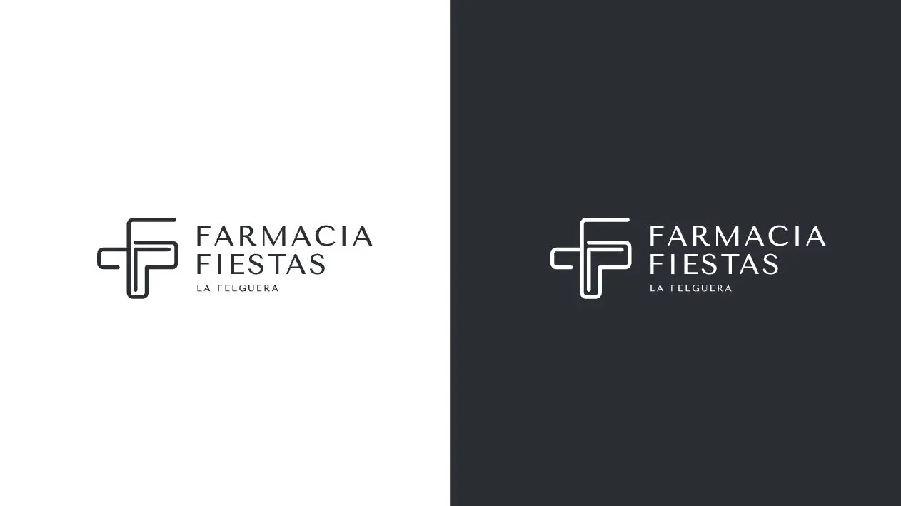 Farmacia Fiestas logo in greyscale on a white and anthracite background