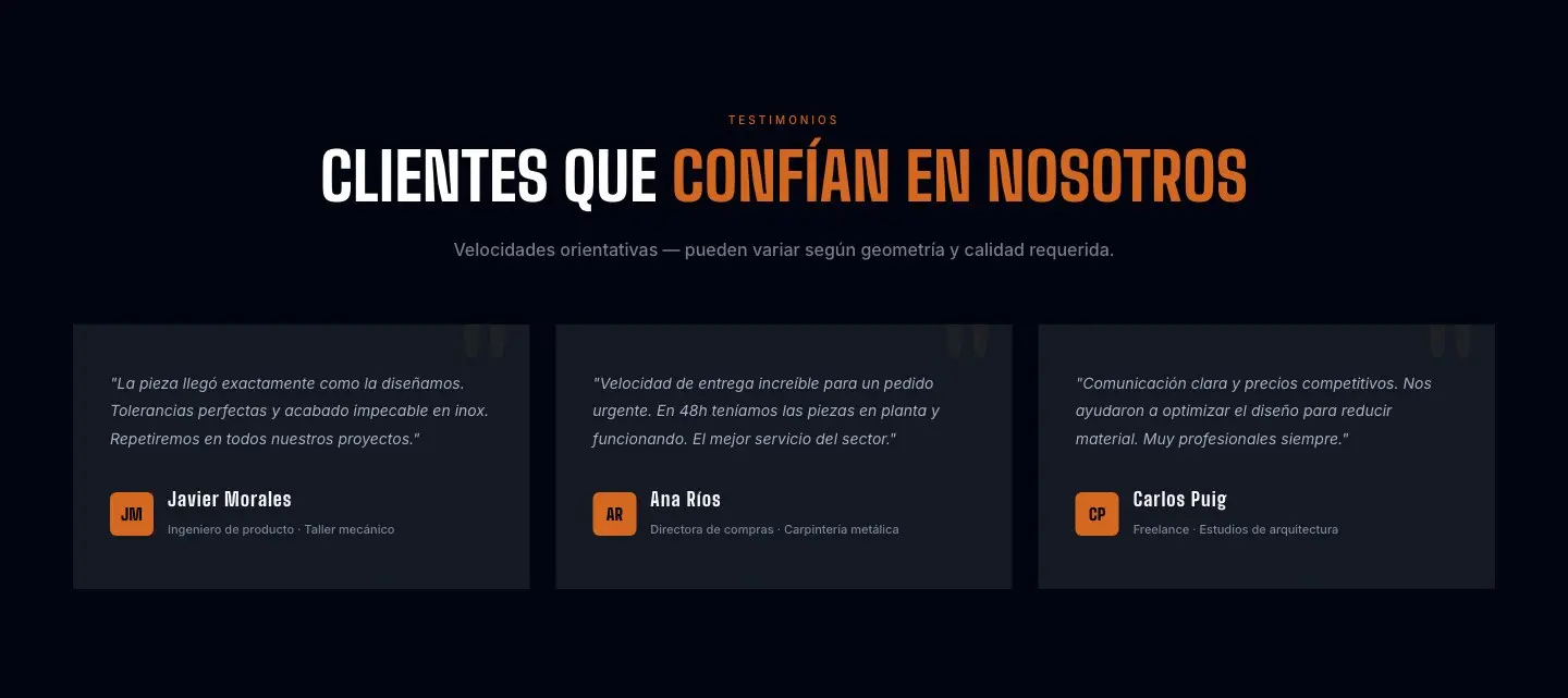 Sección de testimonios de clientes con tarjetas de valoraciones y fotos de perfil
