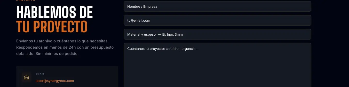 Formulario de contacto de la web con campos para nombre, email, material y descripción del proyecto