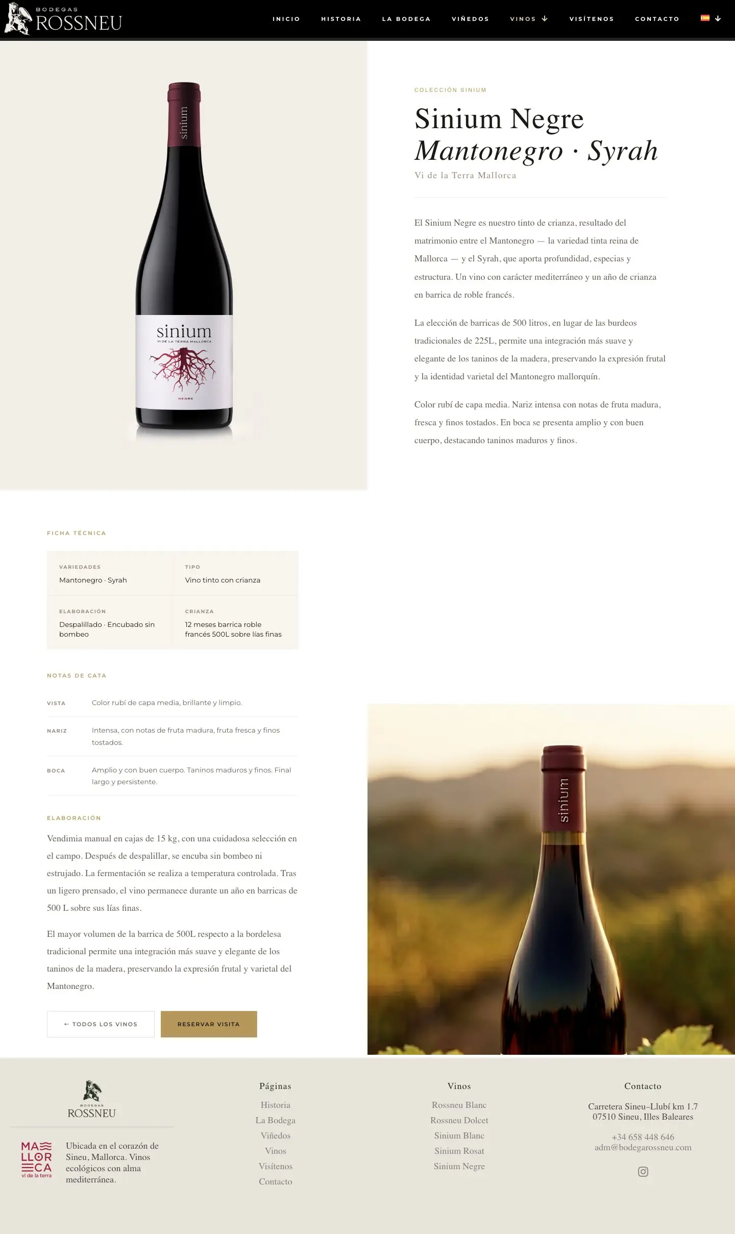 Ficha de producto del Sinium Negre con la botella de tinto en primer plano