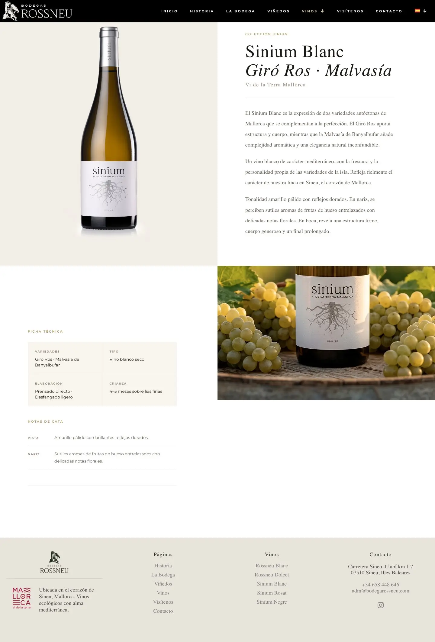 Ficha de producto del Sinium Blanc con racimos de uva blanca junto a la botella