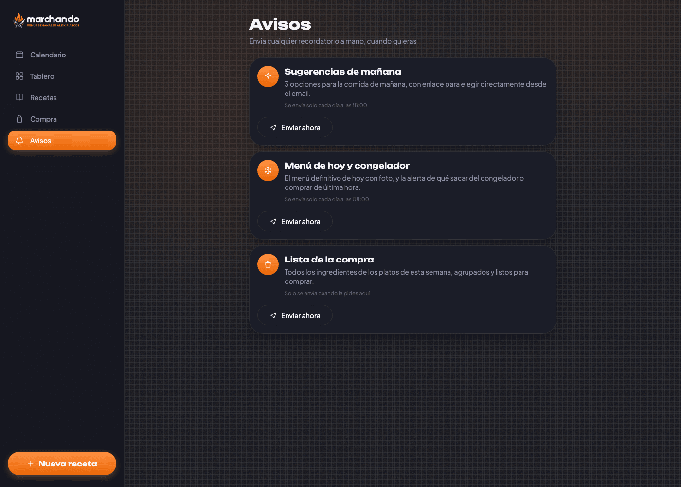 Panel de avisos por email: sugerencias del día siguiente, menú y congelador, y lista de la compra