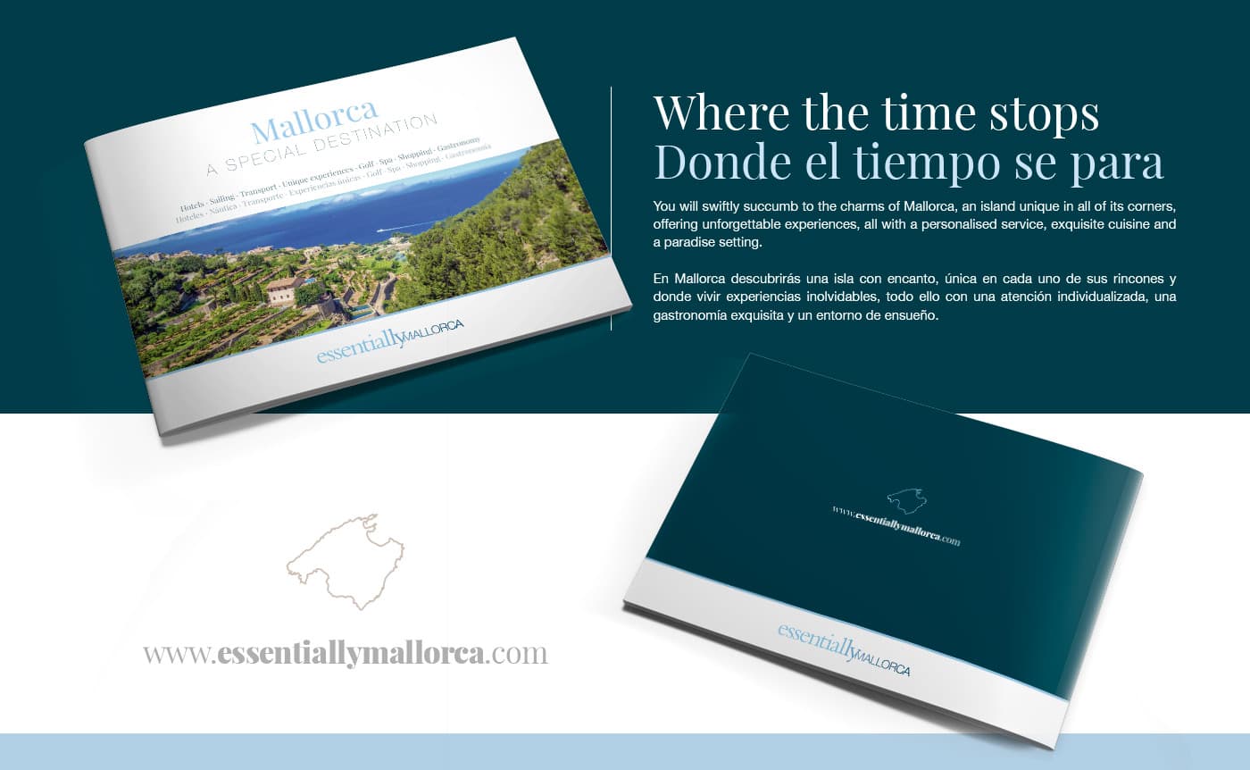 Mockup of the open brochure with an aerial view of the coast next to the back cover in petrol blue