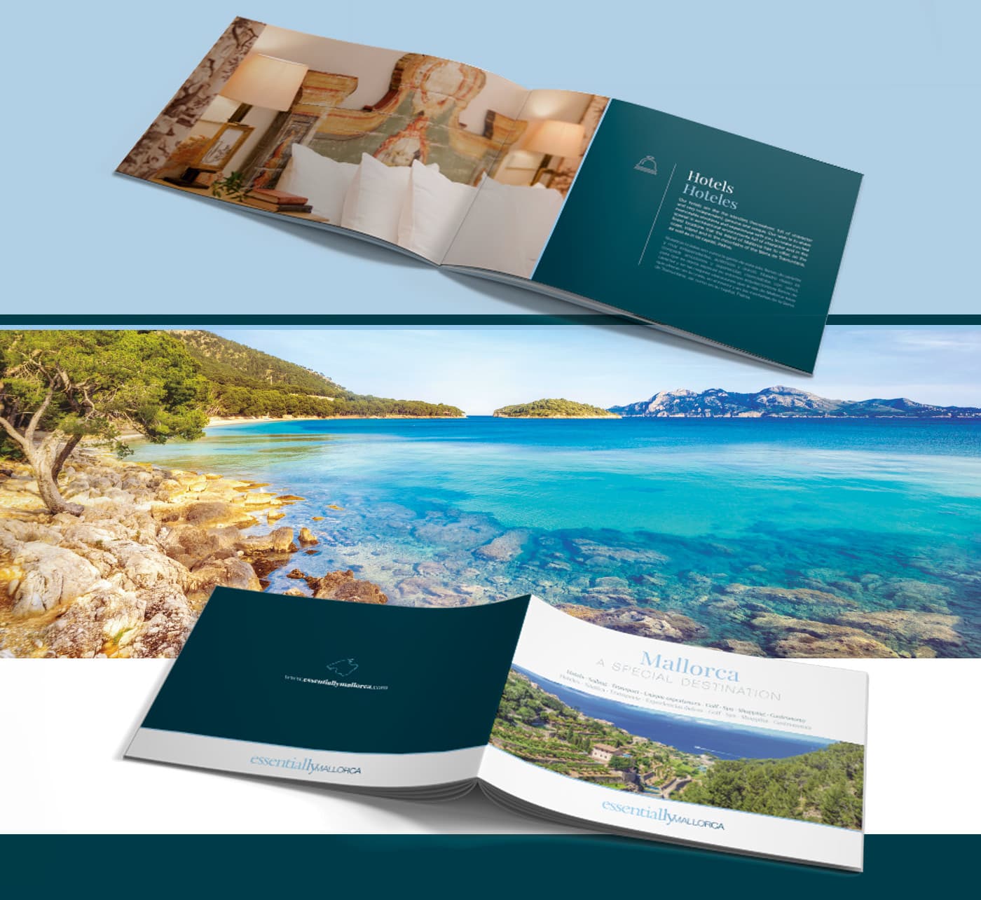 Double-page spread of the brochure with a period hotel room and a panoramic view of a turquoise cove