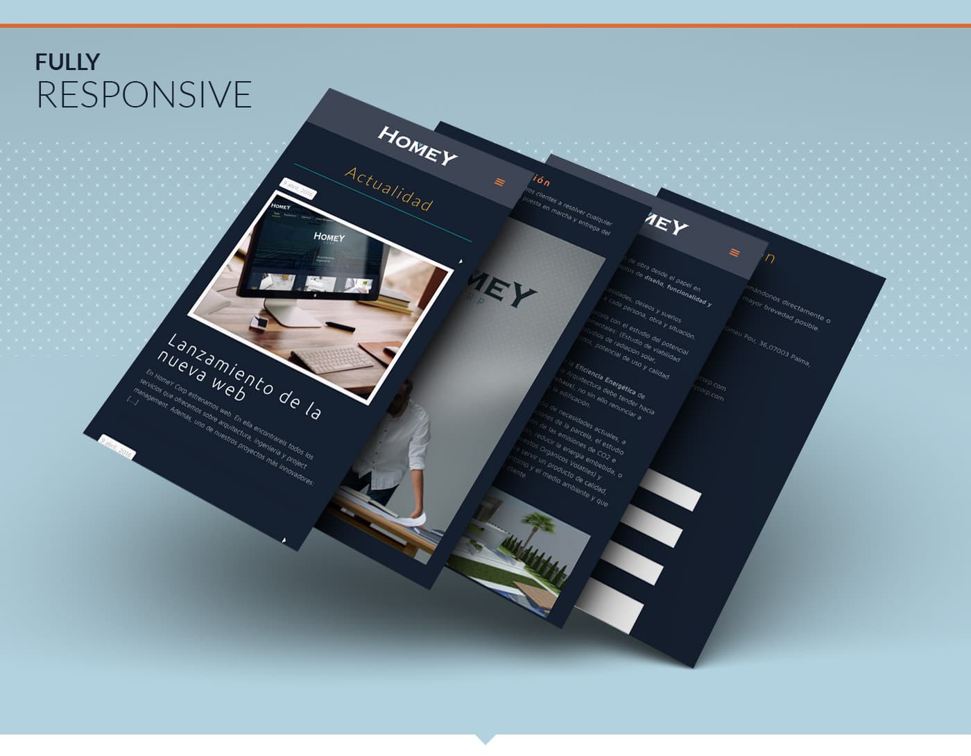 Mockup responsive de la web de HomeY Corp en varias pantallas de móvil superpuestas