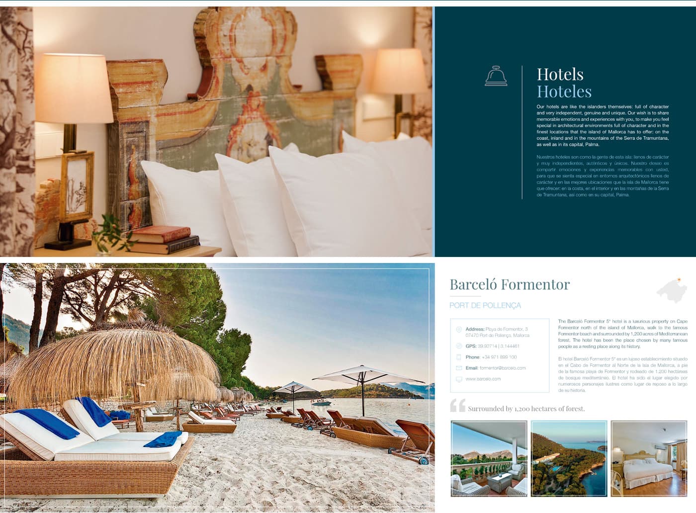 Page from the Hotels section with a hand-painted headboard and a detail of the Barceló Formentor terrace